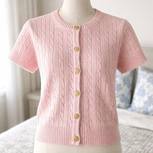 Short-Sleeve Cable Knit Cardigan in Light Pink with Gold Buttons